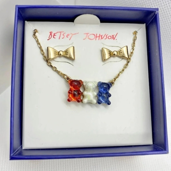 BETSEY JOHNSON Patriotic Red White & Blue Gummy Bear Necklace & Earrings NEW NWT - Picture 1 of 6